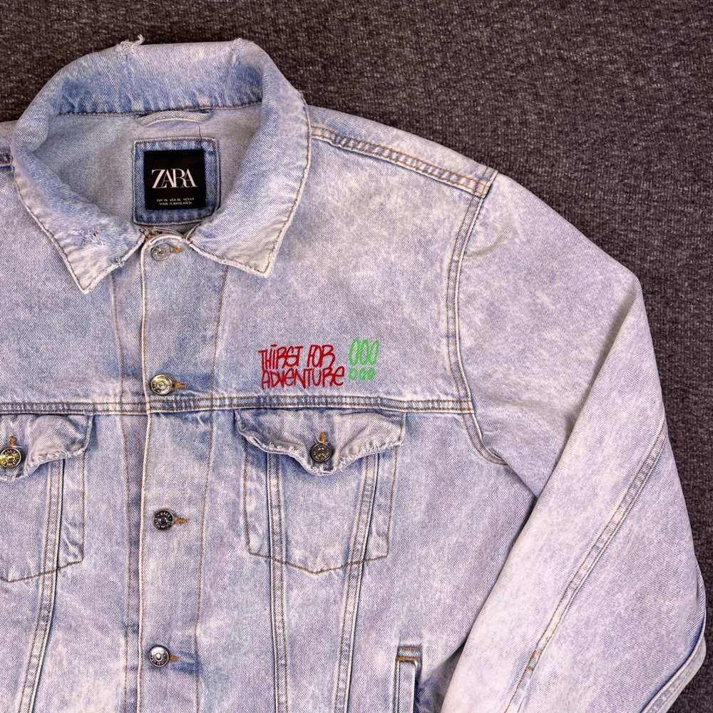 ZARA Acid Wash Denim Jacket Men XL Graphic Distressed Urban Graffiti Trucker Y2k - Picture 12 of 16